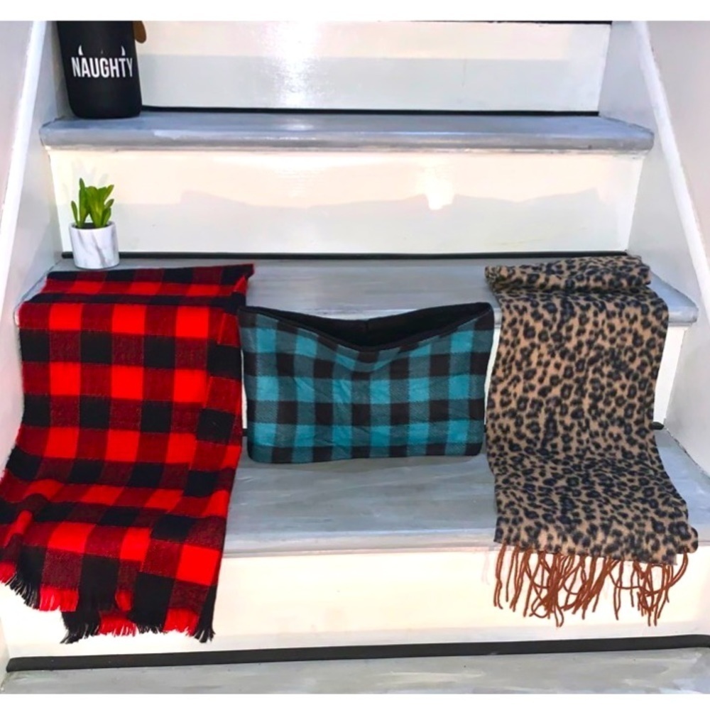 Scarves Fleece Plaid and Cheetah print 3 Red, Green, and Brown